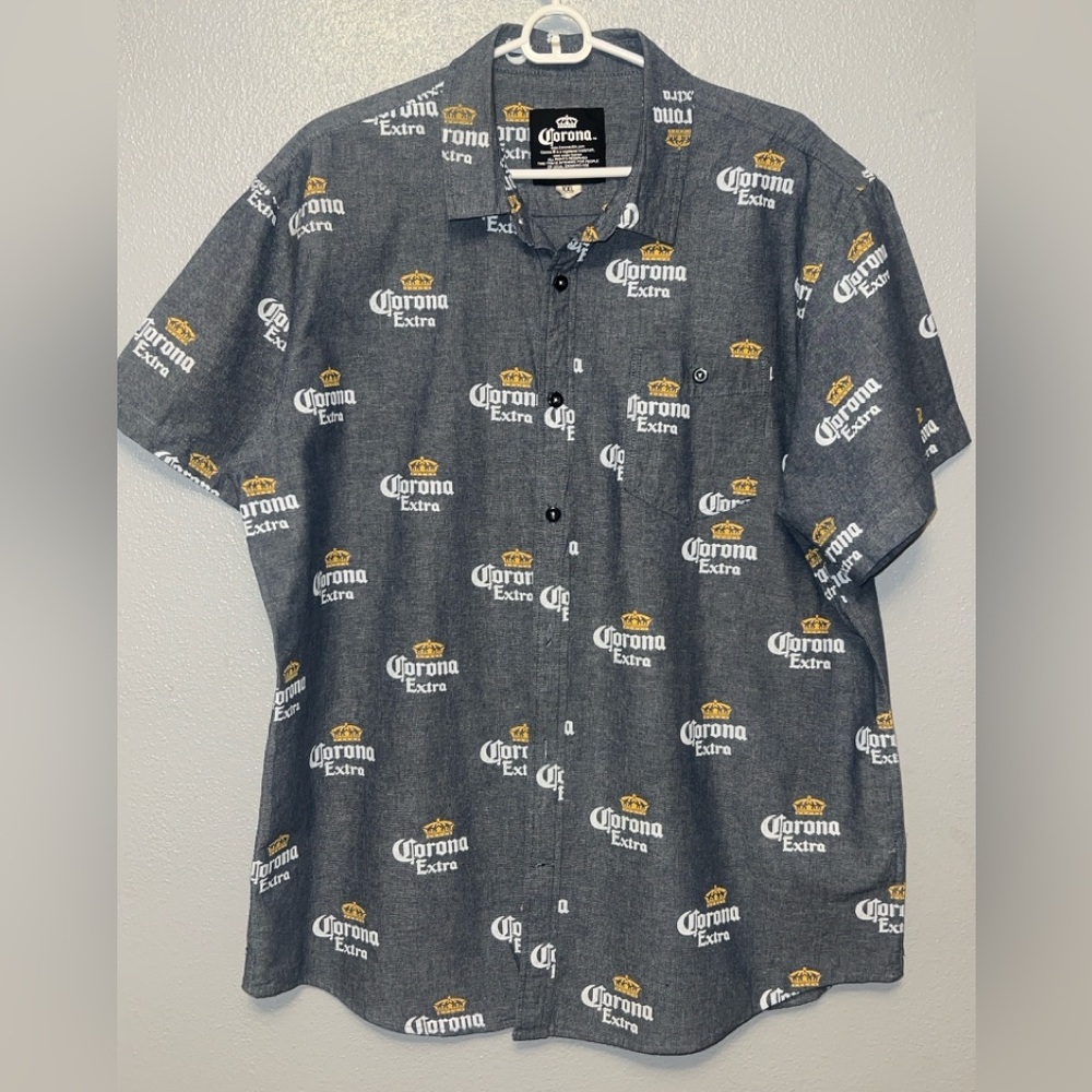 Corona Men’s Gray Short-Sleeve Button-Down Shirt with White & Gold Logos